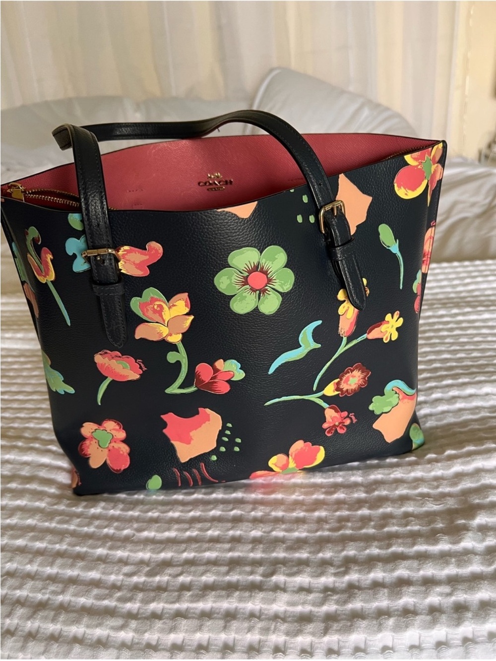 Coach Black Leather Tote with Multicolor Floral Print - Picture 2 of 3